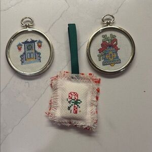 Vintage Festive Cross-Stitch Holiday Ornaments Set of 3 Candy Cane, Bell, Door